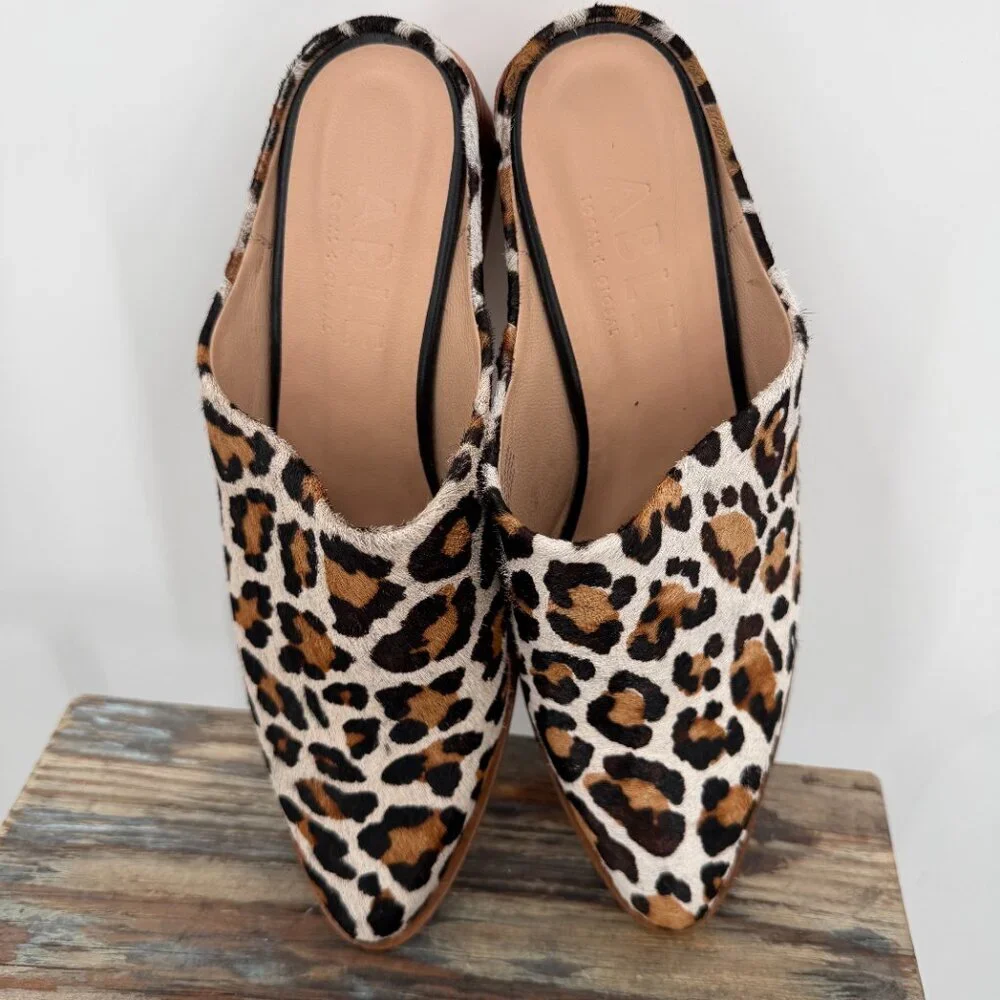 ABLE Local+Global Leopard Hair On Leather Mules Women’s 9.5 Block Heel Slip On - Picture 3 of 9